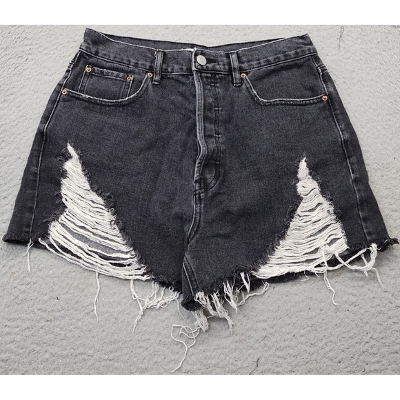 VTG PacSun Short Women 29 Black Denim Ultra High Rise Distressed 5-Pocket Design - Picture 1 of 8